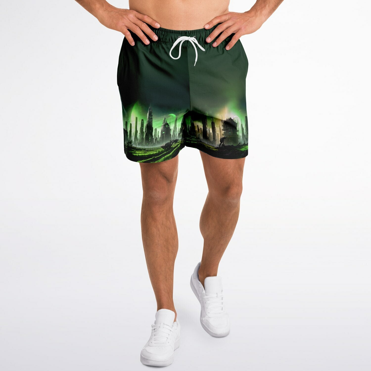 Apocalyptic Planet Shorts, front view, Colee.One festival apparel